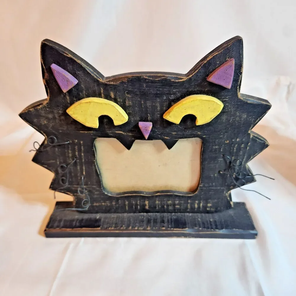 Set of 2 Rustic Wooden Halloween Photo Frames Black Cat Pumpkin Primitive Decor